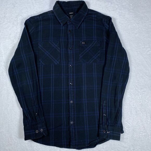 RVCA Men's Long Sleeve Button Up Blue Plaid Medium Slim Fit Shirt Lightweight - Picture 2 of 7
